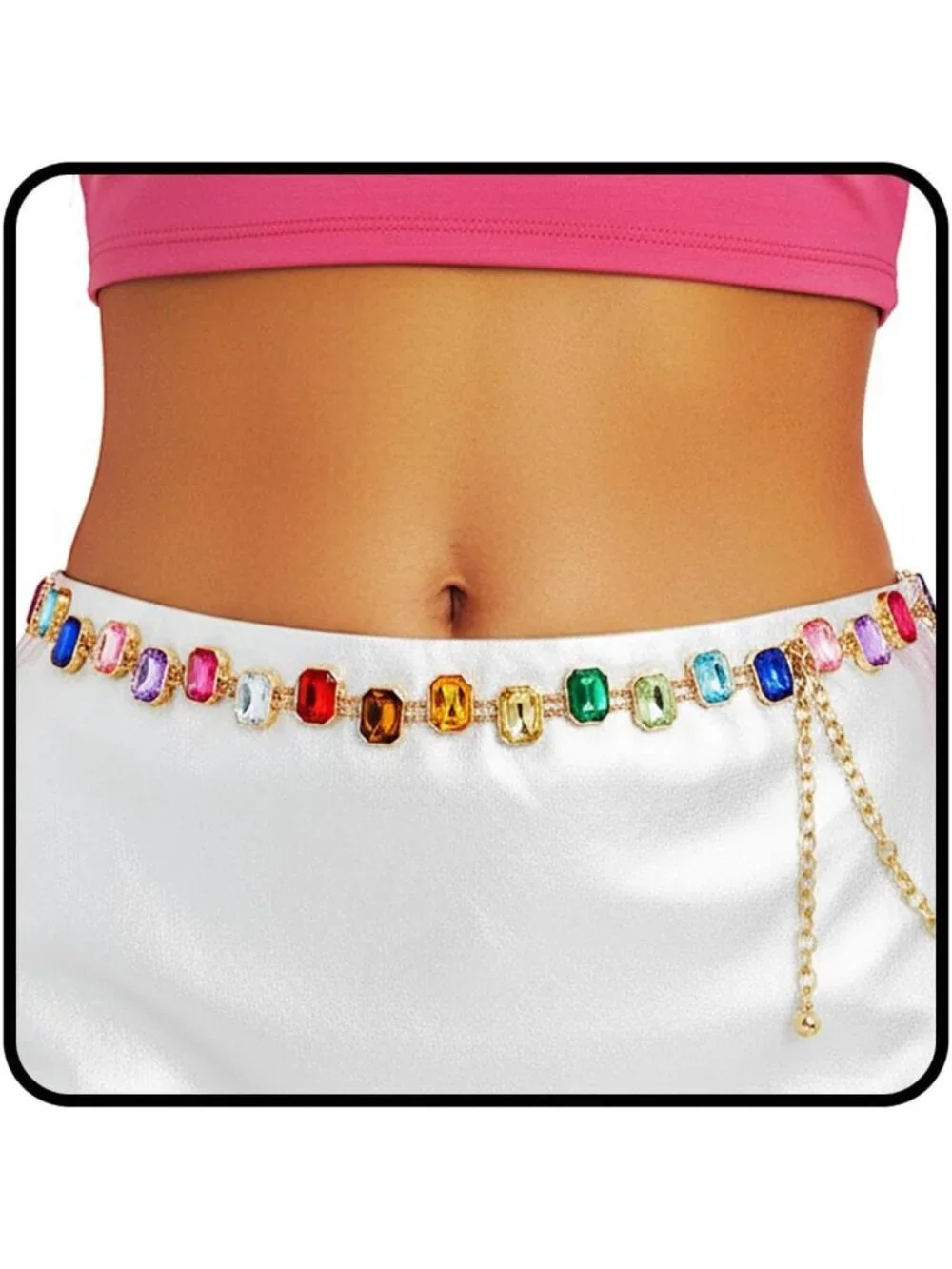 Colorful Rainbow Rhinestone Waist Chain Belt - Stylish Gold Jewelry for Women